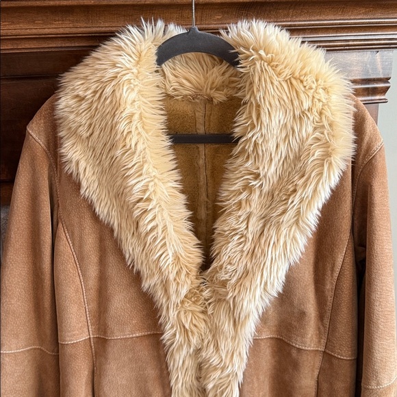 Wilsons Leather tan suede leather faux fur trim midi length Penny Lane jacket L - Picture 4 of 13